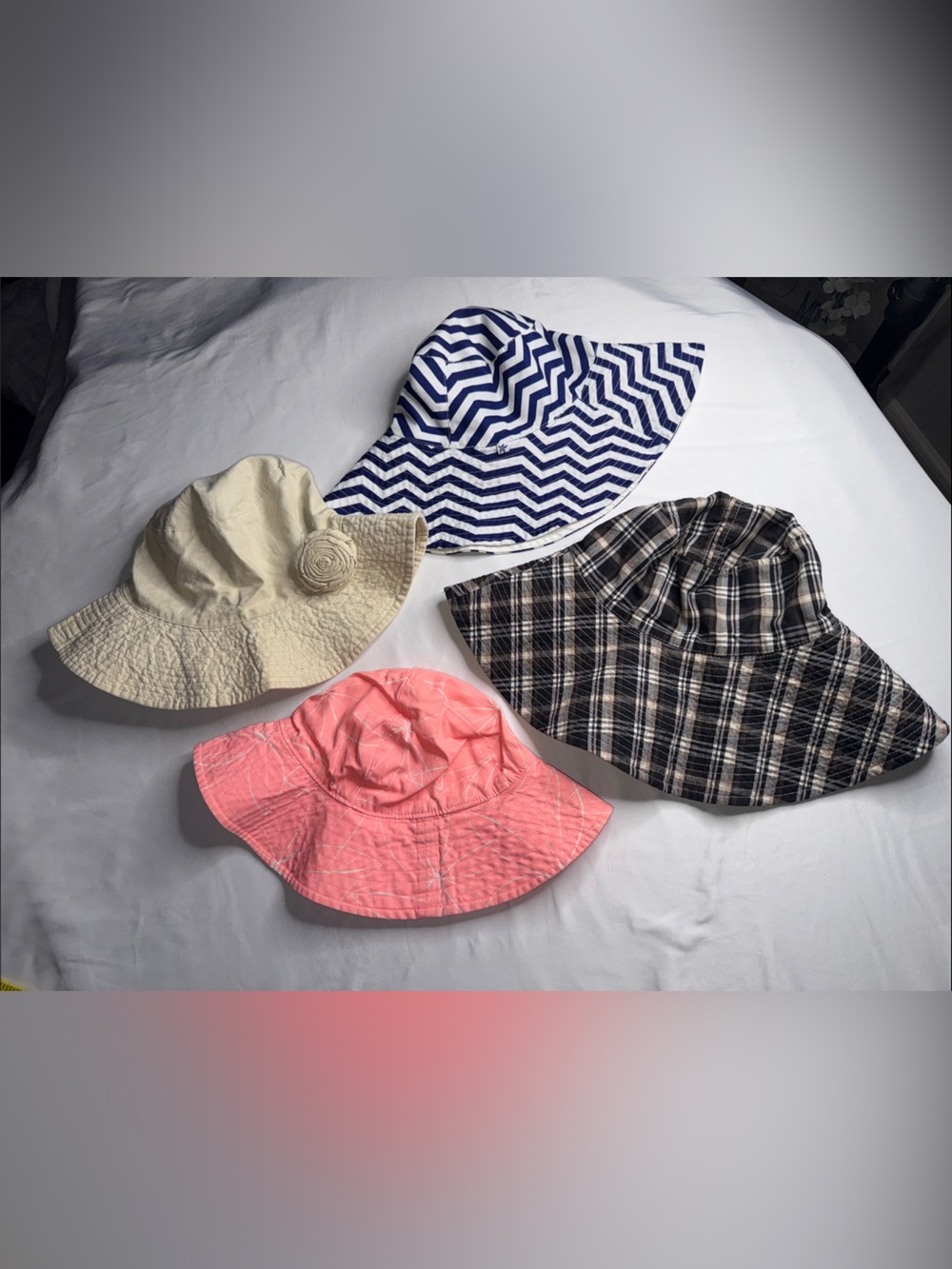 Set of Four Women's Bucket Hats - Pink, Cream, Navy Chevron, Plaid